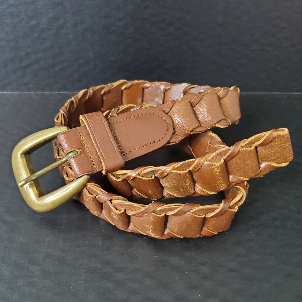 Vintage Brown Leather‎ Belt Braided Links Unisex Fits Size 26"-30" Waist XS